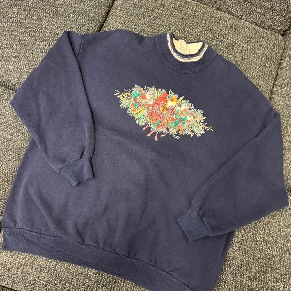 Morning Sun Sweatshirt Women 3XL Navy Blue Excellent Vintage 90s Holiday Bird